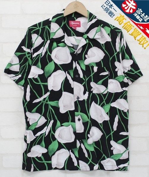 3T3896/未使用品 Supreme 18ss Lily Rayon Shirt Black シュプリーム レーヨンアロハシャツ ハワイアンシャツ